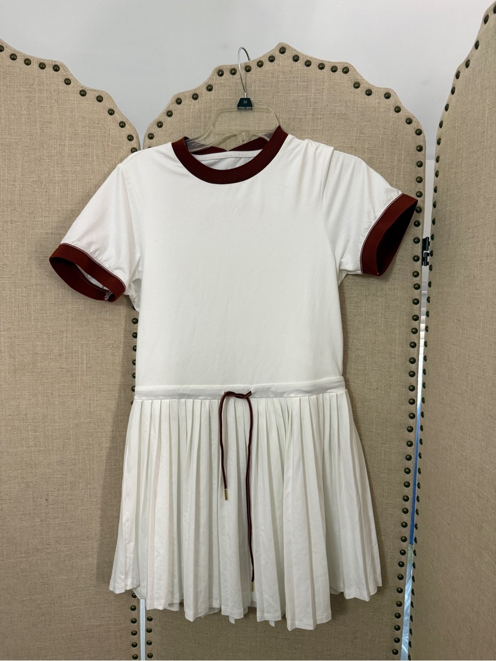 Varley White Dress with Burgundy Trim and Waist Tie